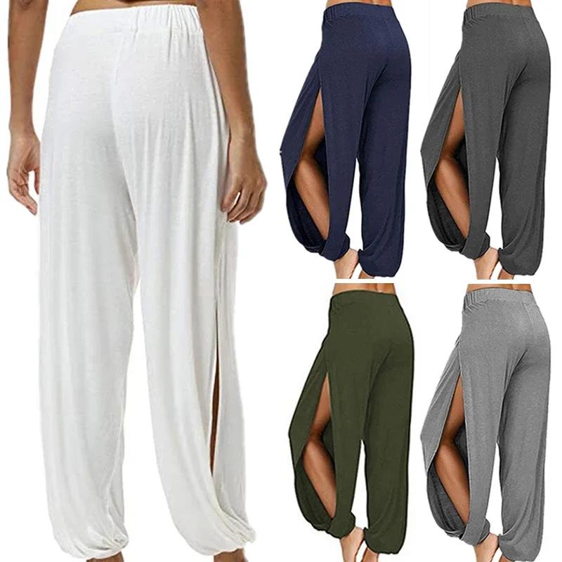 Pantalon Haren d'été à fente haute pour femmes, pantalon de sport, de Yoga, couleur unie, ample, Hip