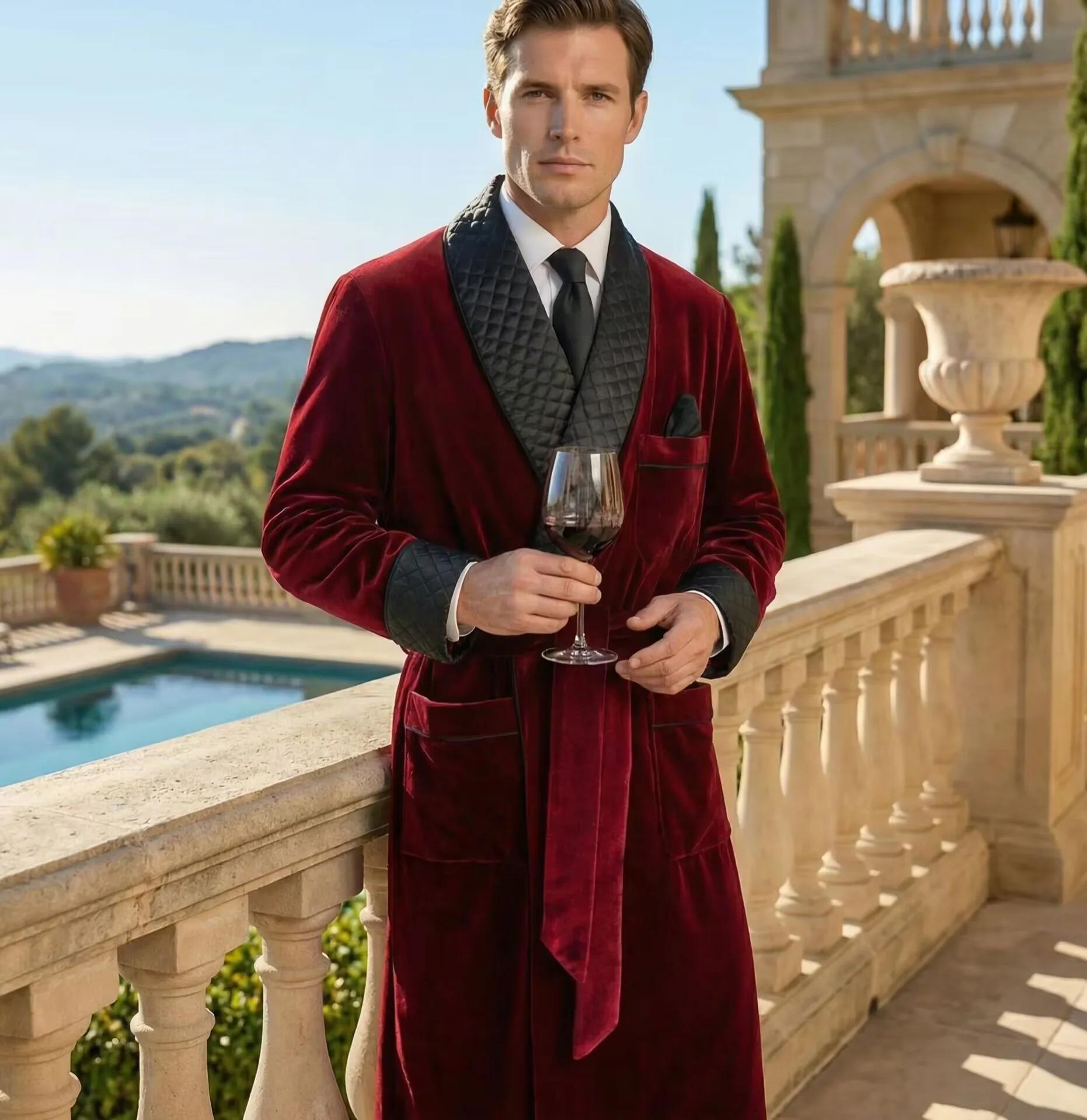 Veste de smoking longue en velours à revers châle, costume de marié, blazer pour homme avec ceinture