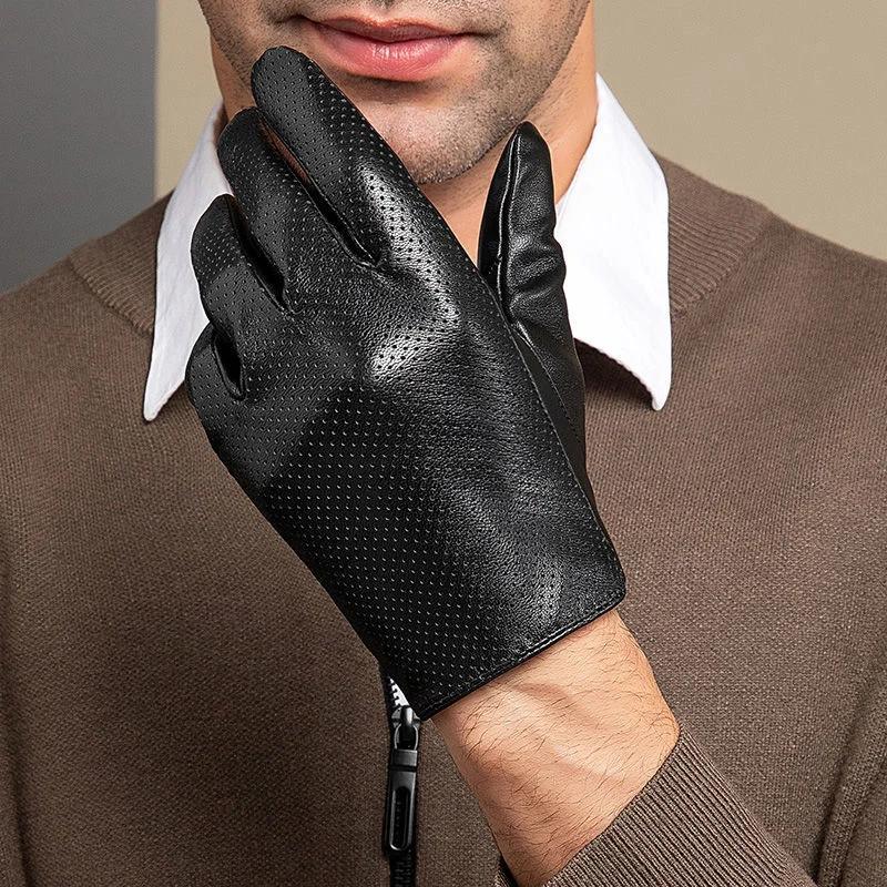 Gants en cuir de mouton véritable pour hommes, gants chauds d'hiver pour écran tactile, pour la cond