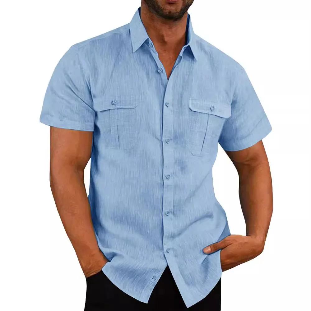 Chemise homme Double poche coton lin manches courtes chemises pour hommes décontracté vacances plage