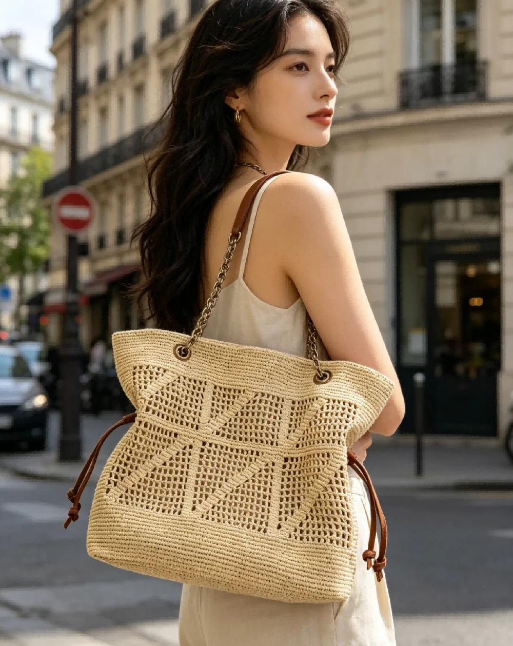 Sac fourre-tout tissé beige bohème pour femme, sac à bandoulière décontracté avec cordon de serrage