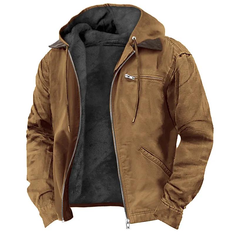 Veste d'hiver en peluche pour homme, style vintage, couleur unie, avec fermeture éclair, capuche, ma