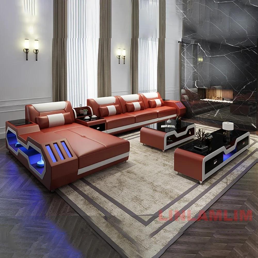 Ensemble de canapé moderne éclairé par LED avec fauteuil inclinable, appui-tête et console réglables