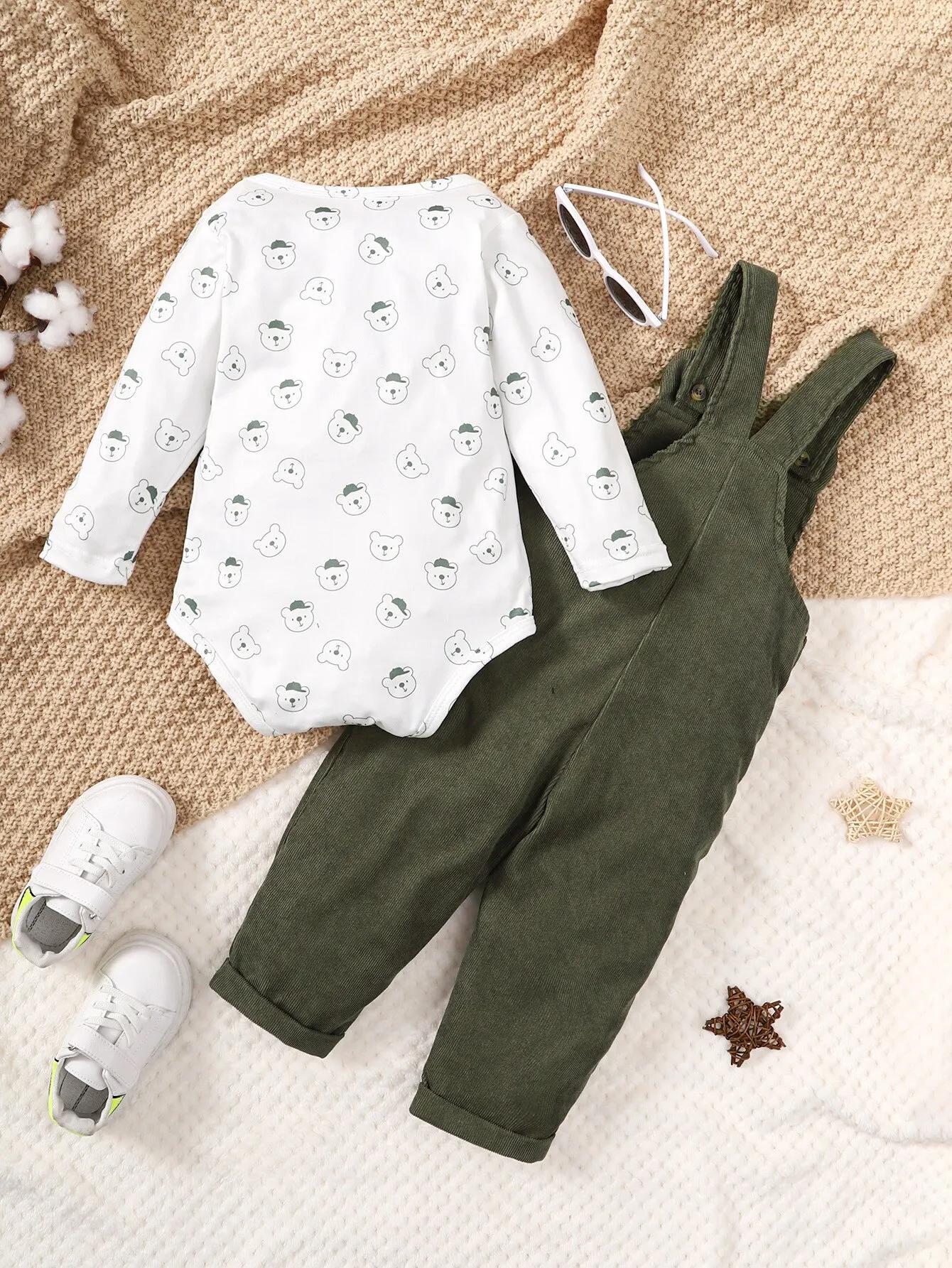 Ensemble vêtements bébé petit ours college - Haut manches longues pantalon bretelles vert blanc 3-24 mois
