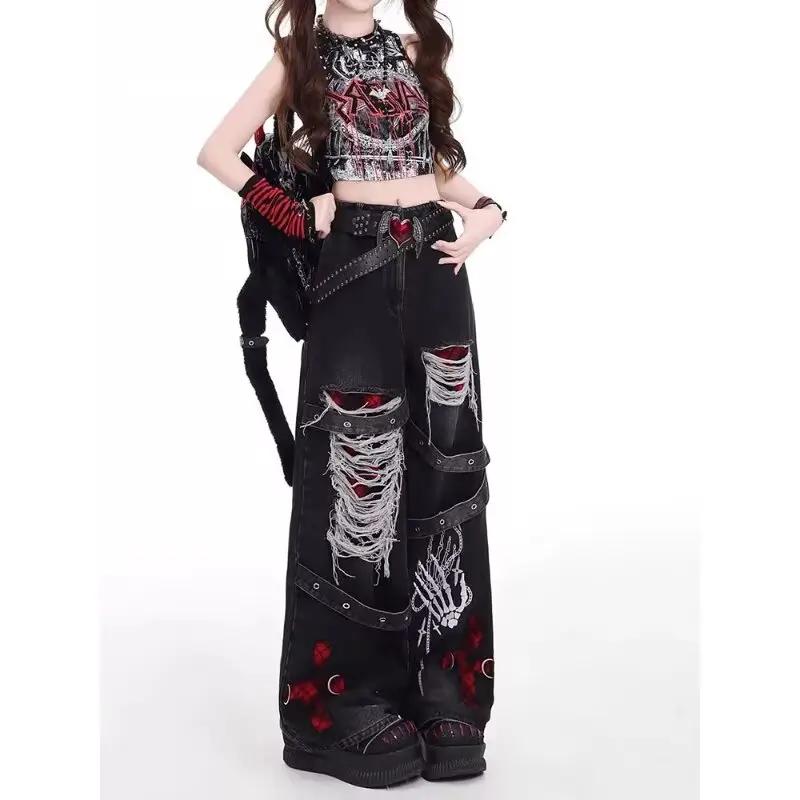 Style américain épicé fille lâche paresseux et détendu denim pantalon femme punk rétro lavé à la mod