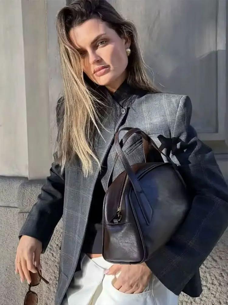 HH Blazer à carreaux pour femme, col montant, manches longues, veste décontractée chic pour le burea