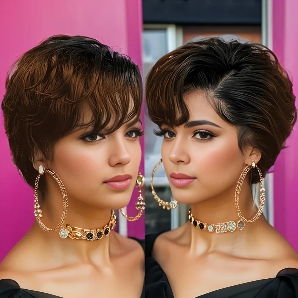 Perruque Lace Front Wig naturelle transparente, cheveux humains, coupe Pixie, ondulée naturelle, cou