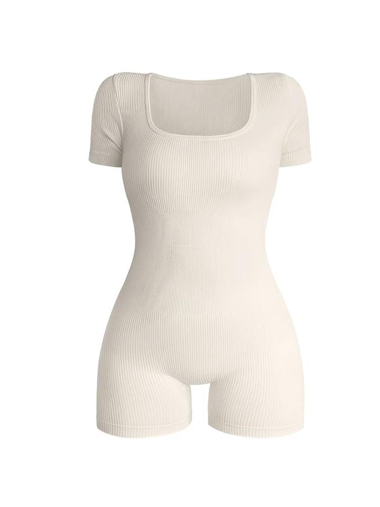 Combinaison une pièce à col carré et manches courtes pour femmes, Sexy, taille haute, moulante, à la
