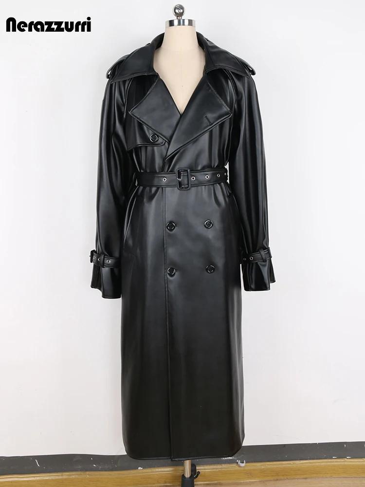 Nerazzurri-Manteau long en cuir PU pour homme, pardessus croisé, coupe-vent, imperméable, noir, cein