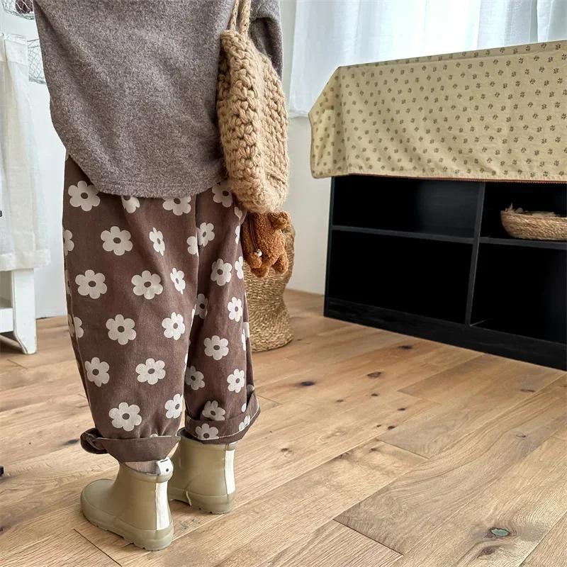 Pantalon ample vintage fleur imprimé enfants automne - Sarouel bébé garçon fille coton décontracté vêtement