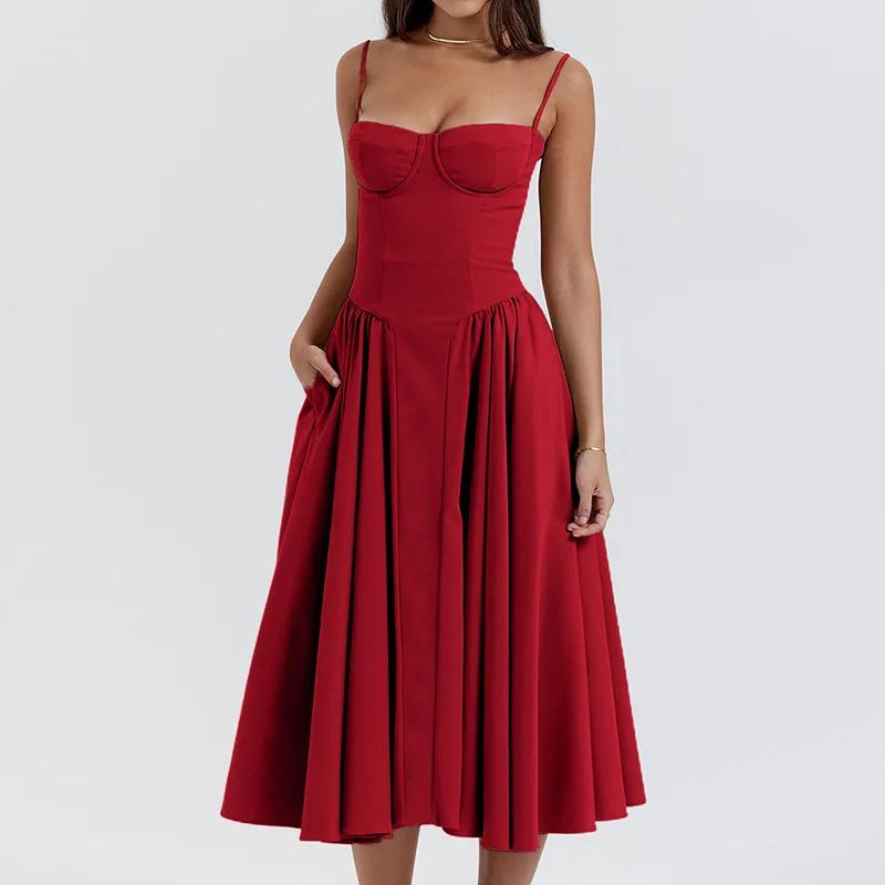 Robe mi-longue plissée dos nu pour femme, élégante, sexy, solide, fronde, soirée, robes trapèze, été