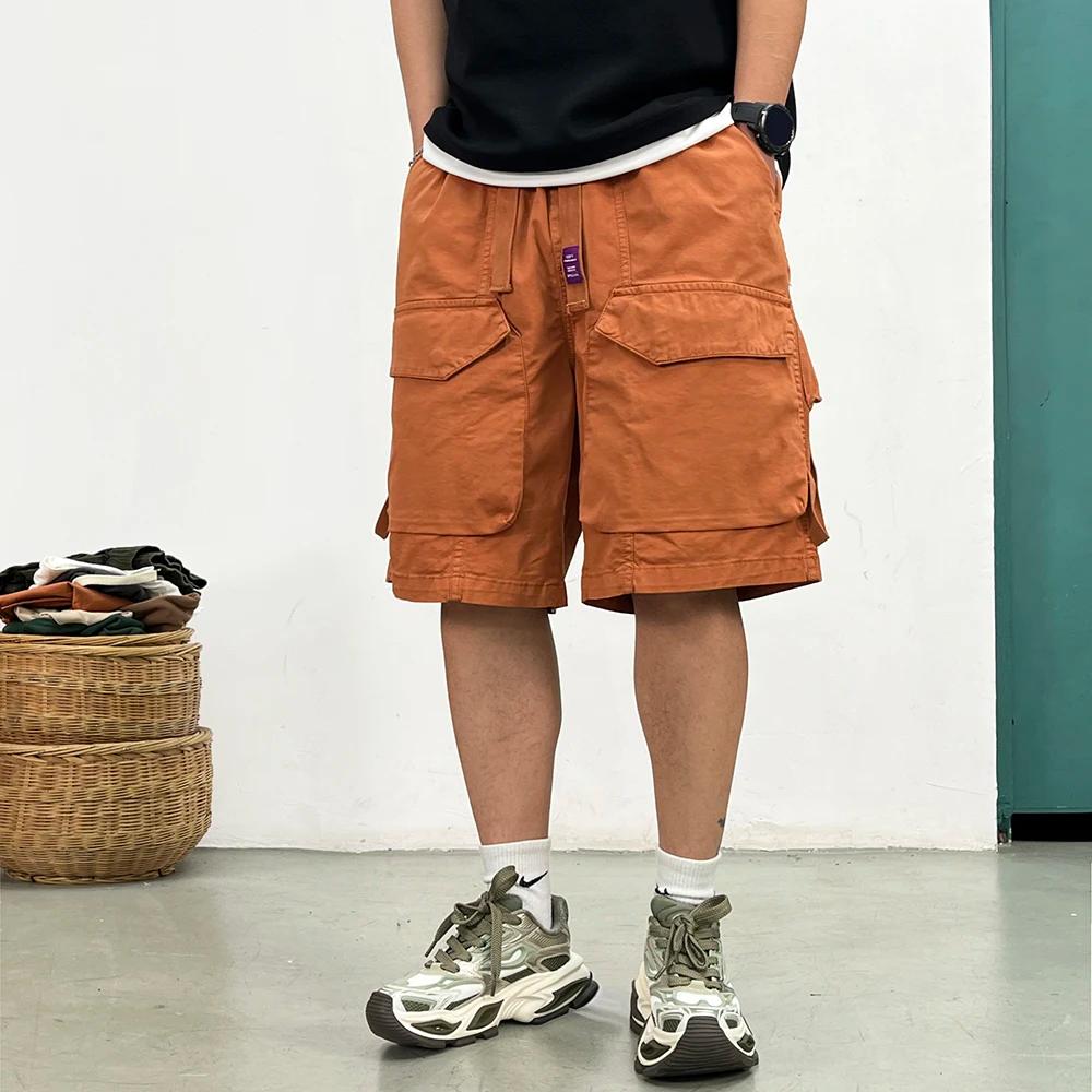 Short Cargo délavé de Style japonais pour hommes, Streetwear Vintage, Baggy, grandes poches, surdime