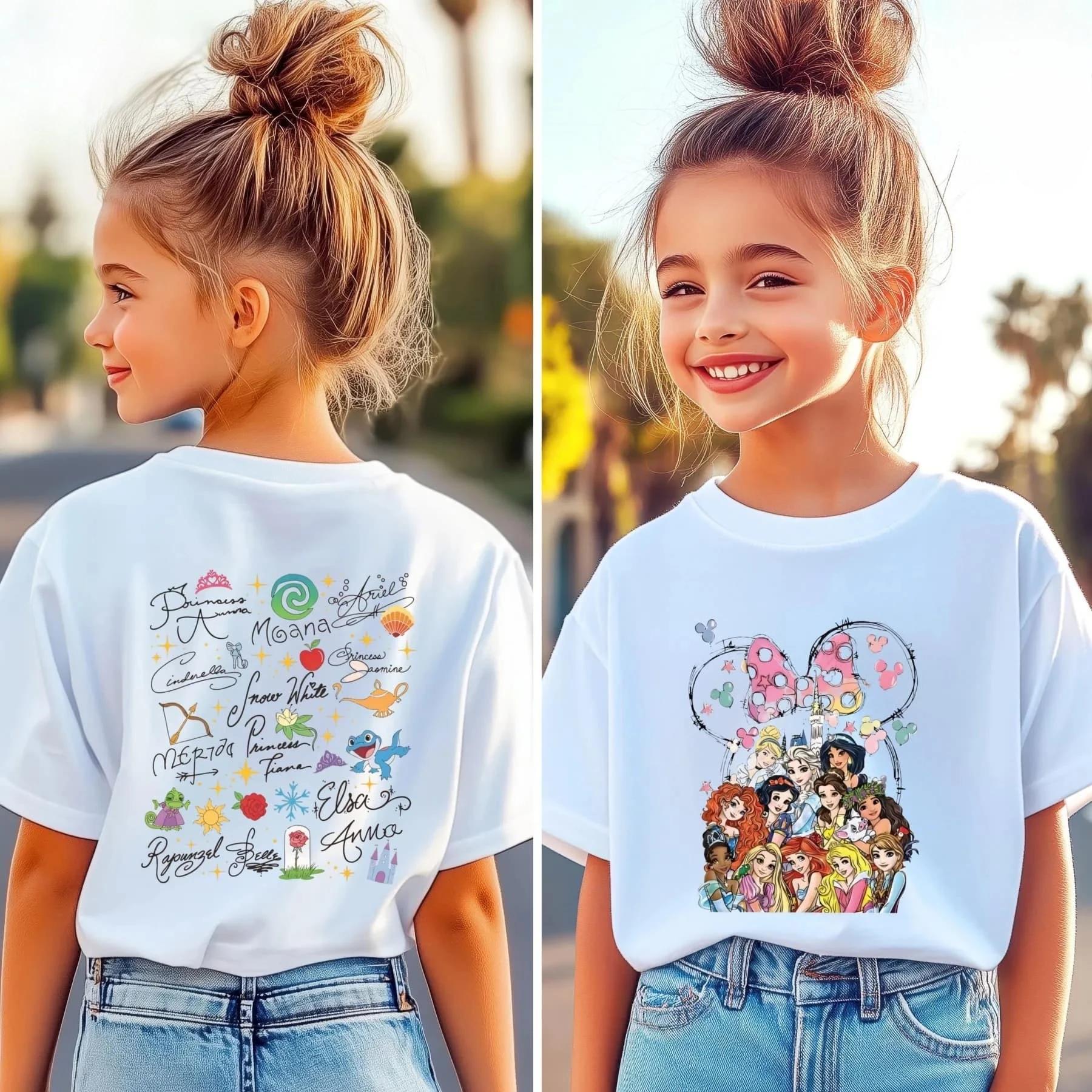 T-shirt à manches courtes pour enfants et adultes, printemps, princesse Disney, rétro, imprimé Doubl