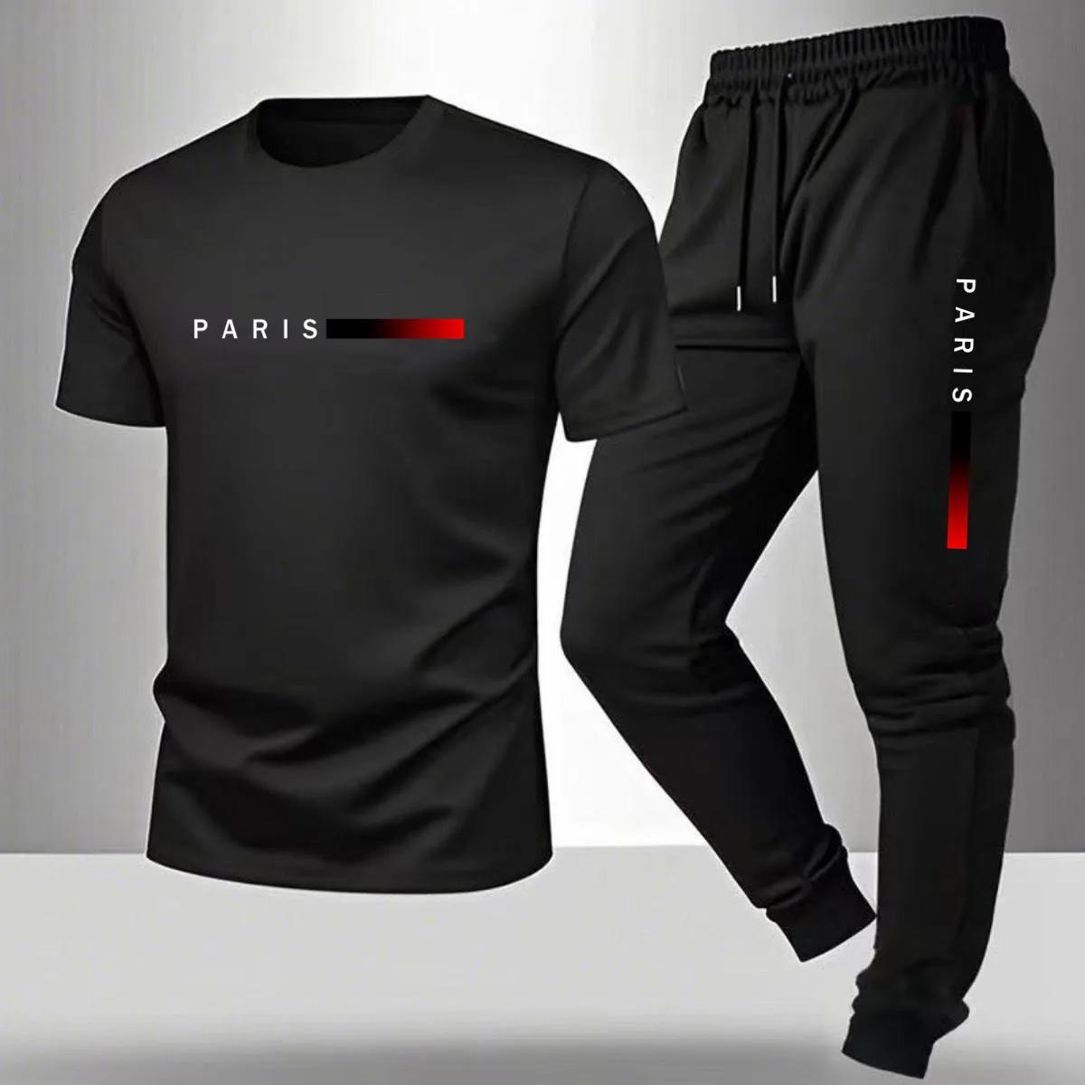 Ensemble t-shirt à manches courtes et pantalon décontracté d'été pour homme, imprimé Paris, ensemble