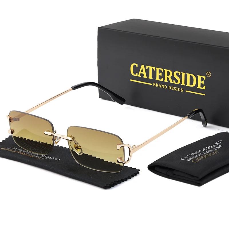 CATERSIDE bleu rectangulaire lunettes de soleil hommes sans monture en métal mode carré lunettes de