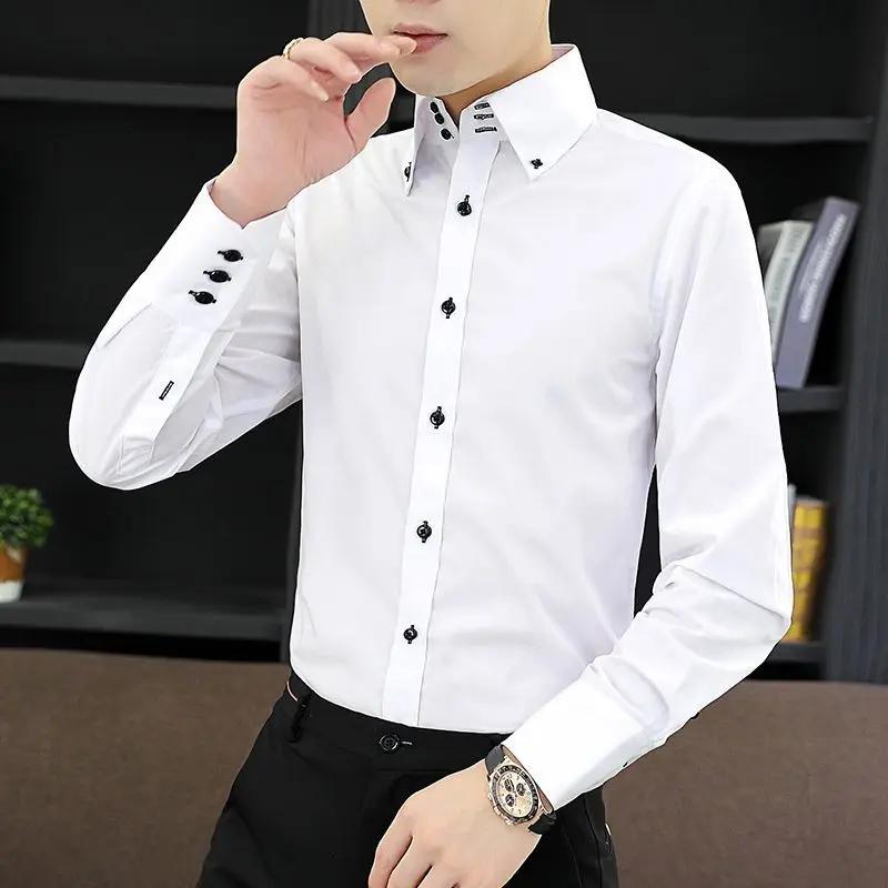 Chemise de direction pour hommes, coupe coréenne, tenue de bureau formelle à pression permanente, re