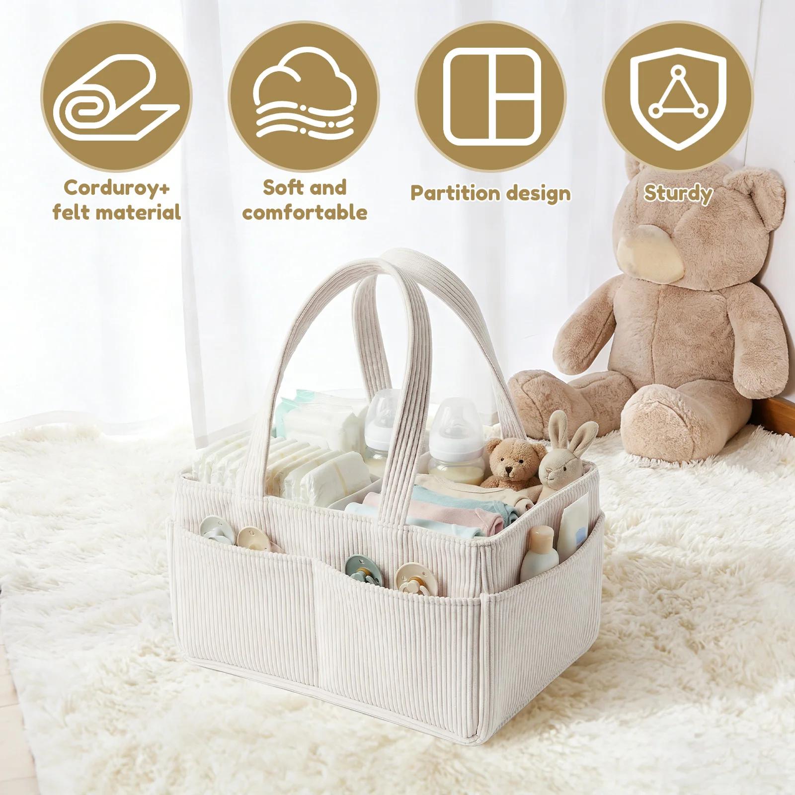 Organisateur de couches pour bébé en velours côtelé, panier de rangement pliable multi-poches avec p