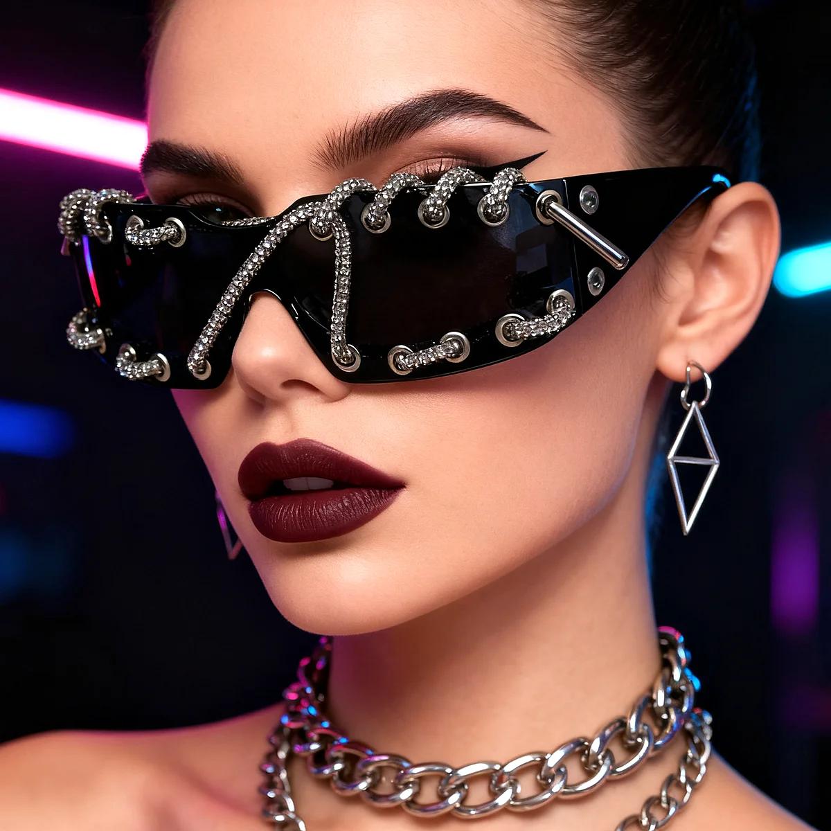 Lunettes de soleil Punk Y2k pour femmes, sans monture, avec chaîne en cristal, lunettes de soleil mo