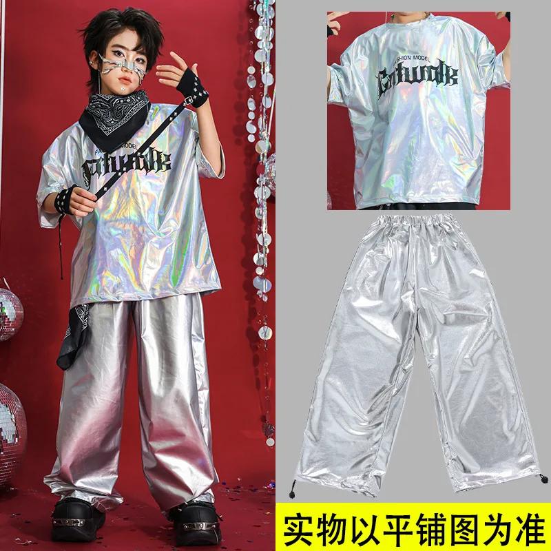 Hip Hop garçons T-shirt danse de rue argent pantalon filles K-pop brillant Joggers enfants Jazz vête
