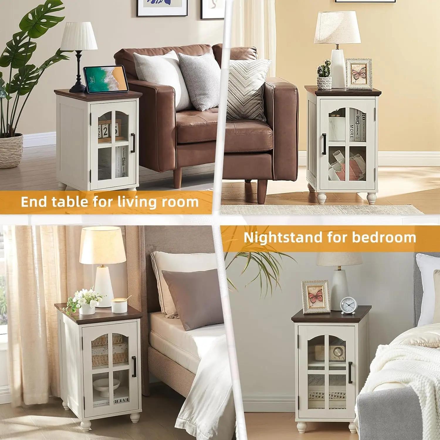 Ensemble de 2 tables d'appoint étroites blanches avec station de charge, table d'appoint en verre st