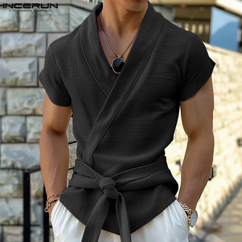 INCERUN hommes t-shirt couleur unie col en V à manches courtes été décontracté mâle t-shirt hauts St