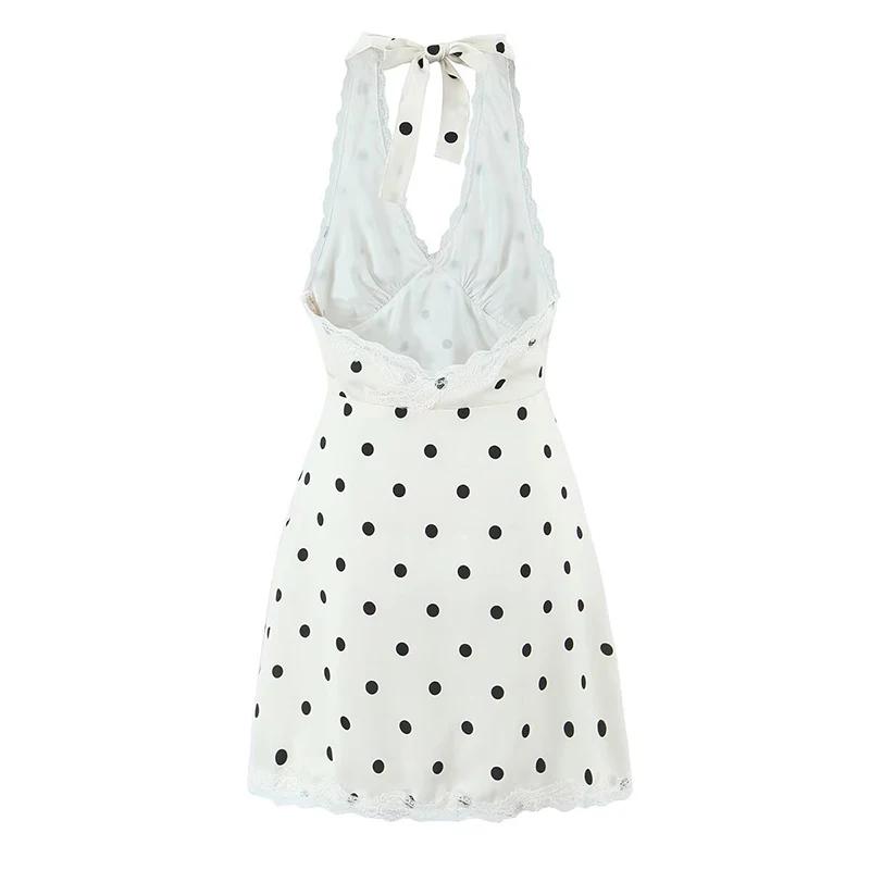 YENKYE dentelle épissé à pois Robe licou femmes élégant a-ligne Mini Sexy dos nu robes Robe d'été 20