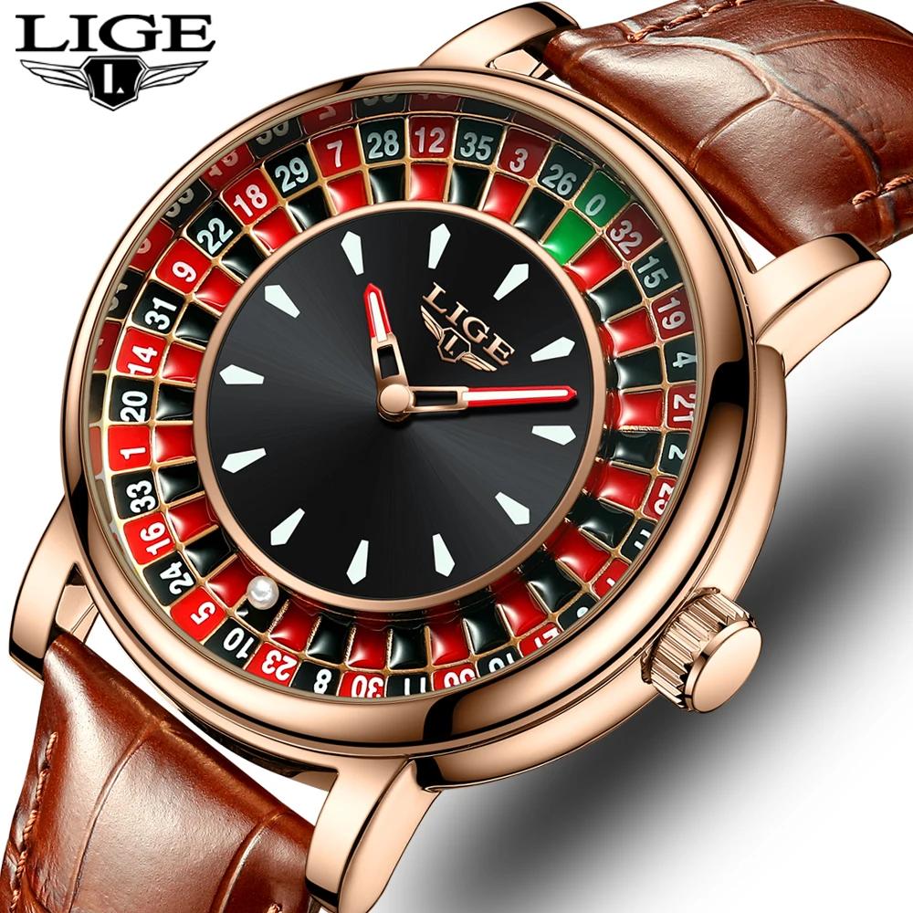 LIGE mode cuir marron hommes montre cadran rotatif Las Vegas Roulette bureau thème montre hommes éta