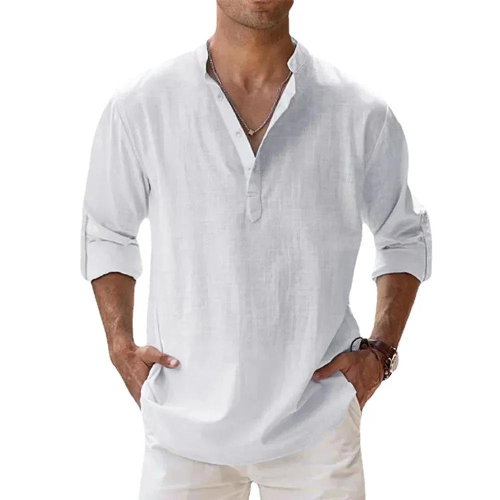 Chemises à manches courtes pour hommes, en coton et lin, couleur unie, col Henley, décontracté, Styl
