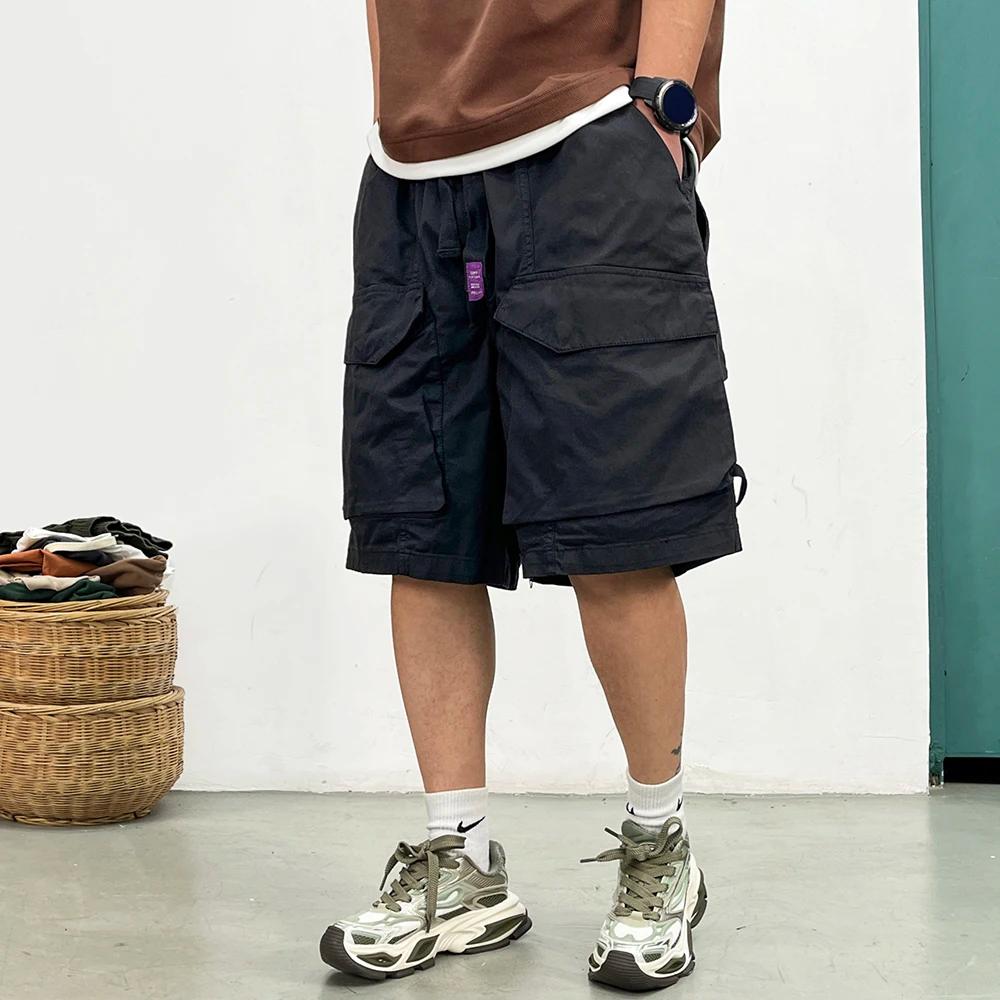 Short Cargo délavé de Style japonais pour hommes, Streetwear Vintage, Baggy, grandes poches, surdime