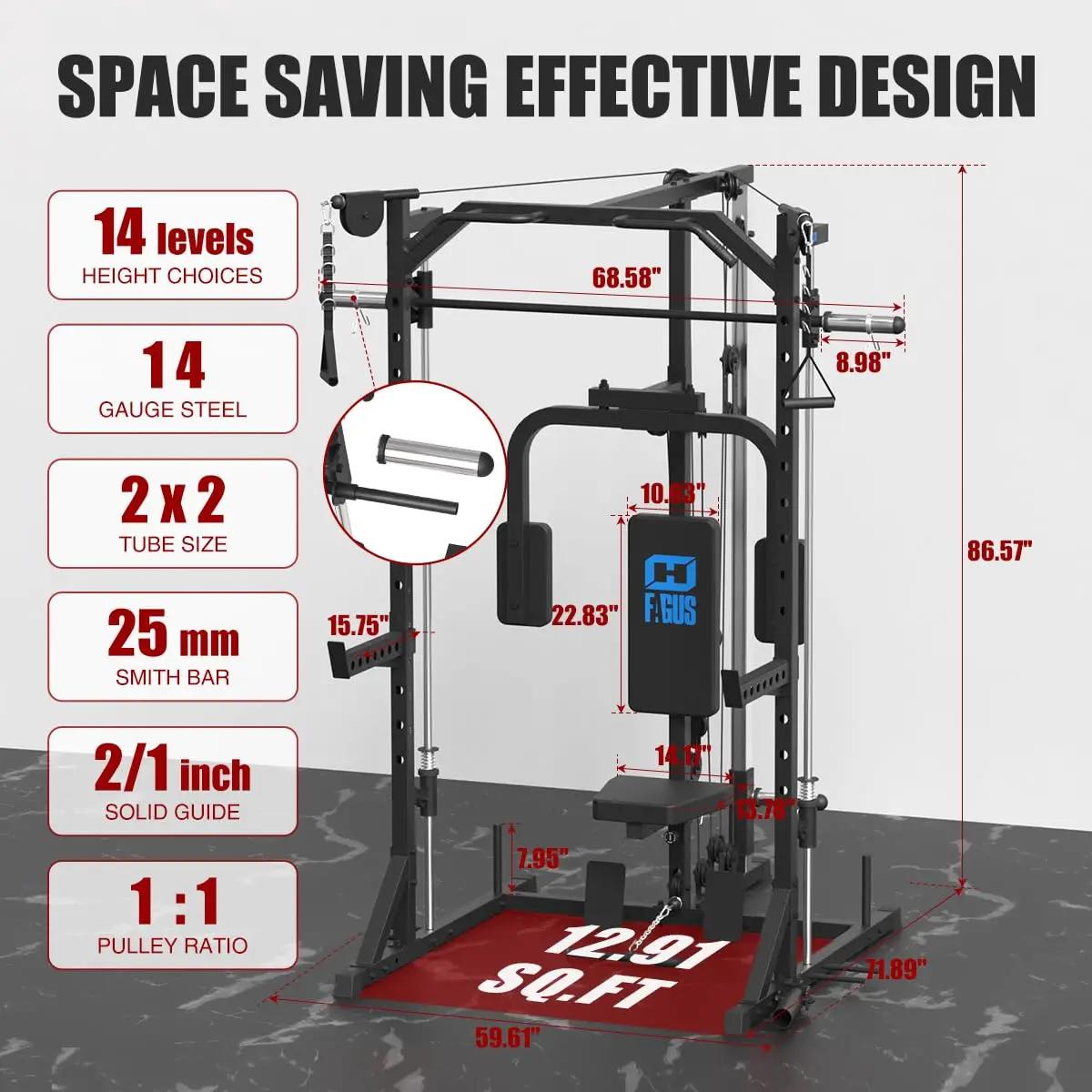 FAGUS Smith Machine Home Gym Power Cage avec système de poulies, rack à squats compact pour entraîne