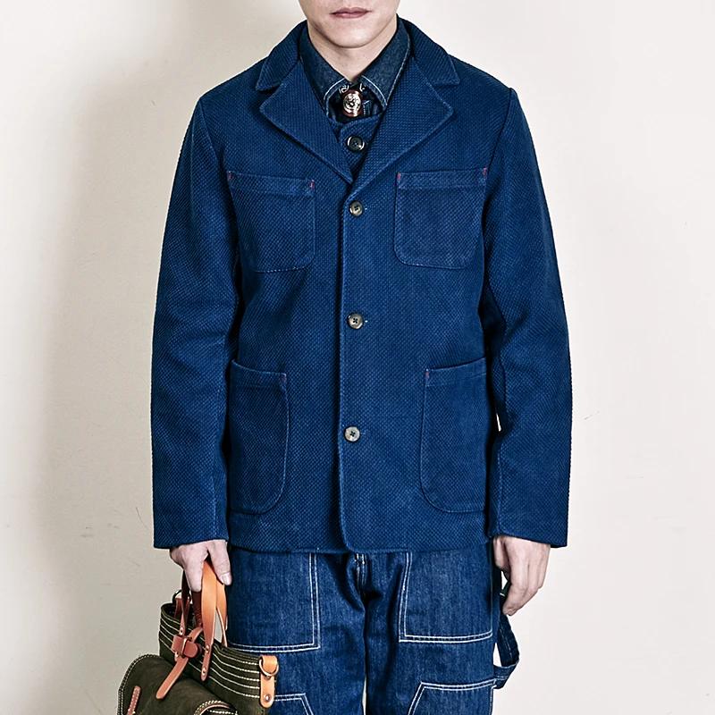 Veste Cargo Indigo en Coton pour Homme, Manteau à Revers, Multi-Poches, Vintage, Optique Française,