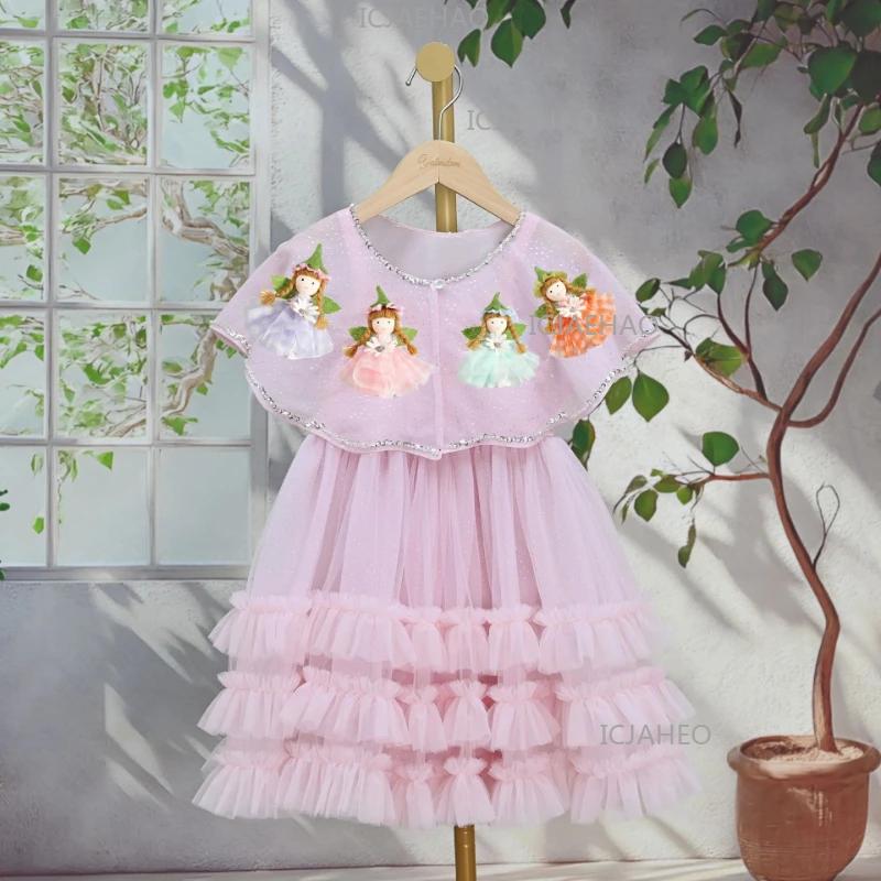 Robe de princesse rose faite à la main avec fleurs 3D pour anniversaire, tenue de soirée formelle po