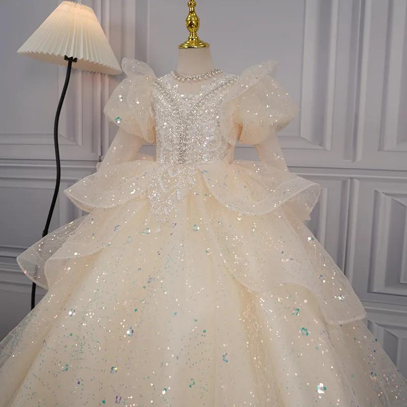 Robe de princesse à manches longues pour filles, robe de soirée d'anniversaire, à fleurs, robe de ma