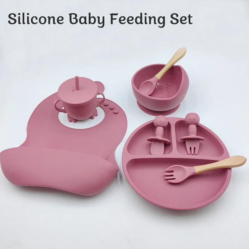 Ensemble d'alimentation bébé 8 pièces en silicone - Vaisselle pour enfants avec assiettes, bols et couverts