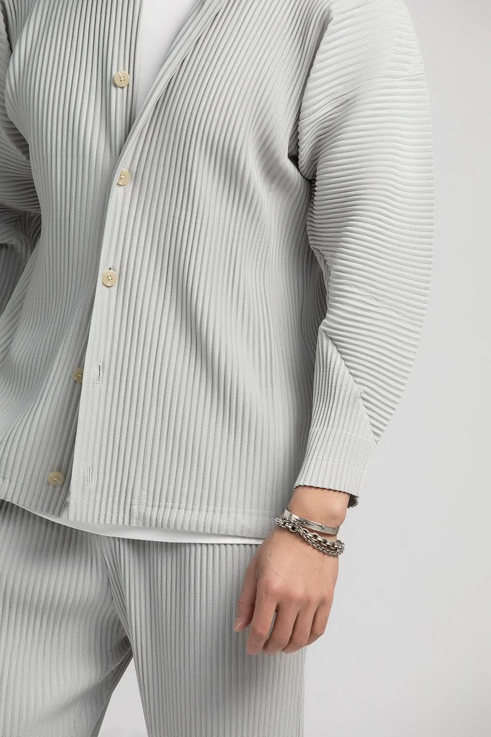 Miyake chemise plissée chemise à revers noir à manches longues t-shirt pour hommes manteau décontrac