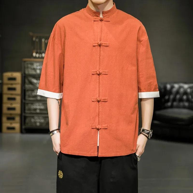 Chemise d'été de Style japonais pour hommes, col montant chinois, Yukata, Kimono samouraï, T-shirt b