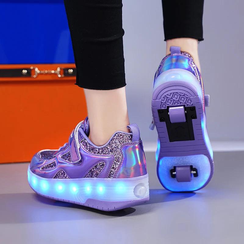 Baskets pour enfants hommes filles patins à roulettes patins à glace à roues lumière LED rose enfant