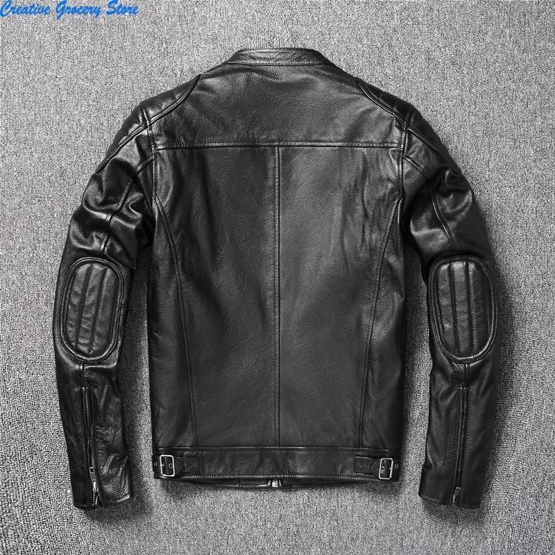 Veste de moto en cuir de vache pour hommes, col montant, mode, couleur unie, ample, polyvalente, déc