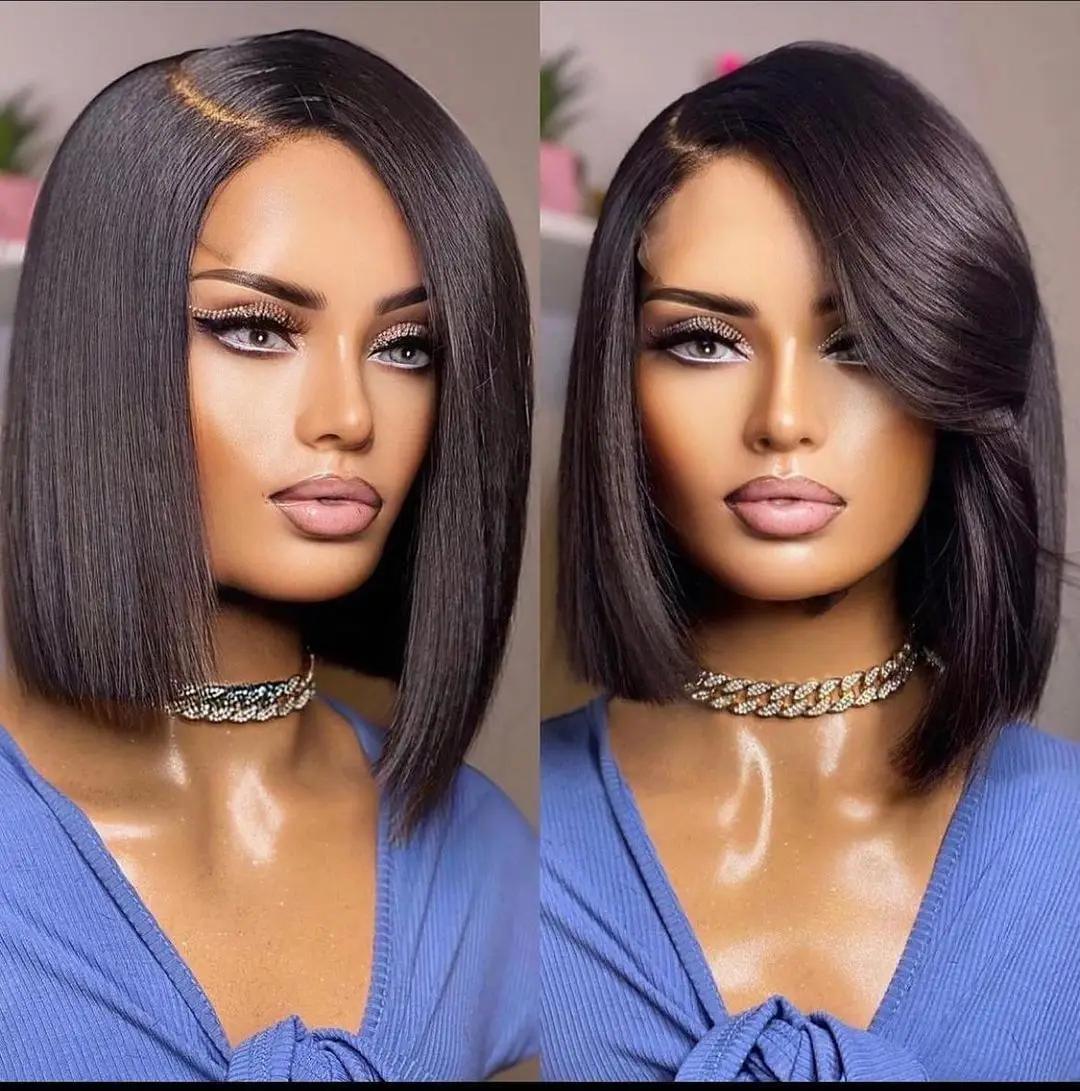 Perruque Bob Lace Wig Brésilienne Naturelle Sans Colle, Cheveux Lisses, Prêt à vitation, Partie Laté