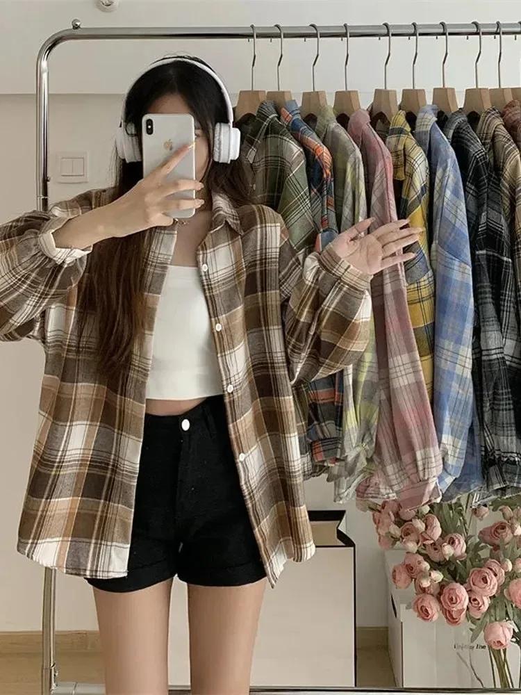Chemise à carreaux pour femmes, mode automne, haut à manches longues, Vintage, simple boutonnage, ch