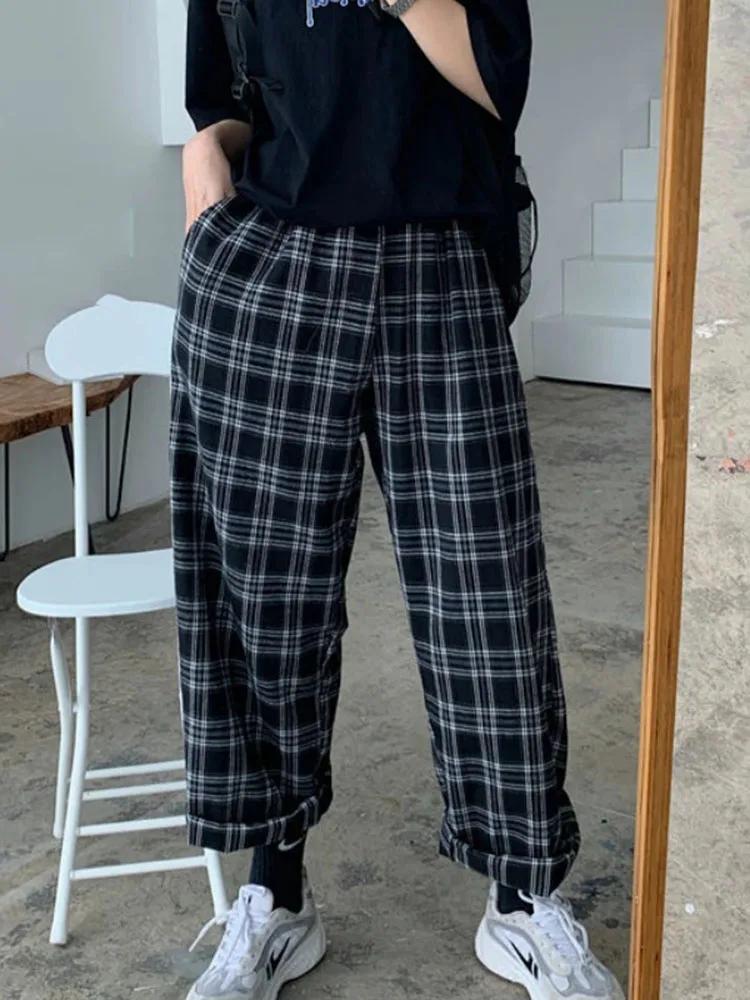 JMPRS-Pantalon à carreaux noir pour femme, surdimensionné, jambe large, surintendant ser, rétro, ado