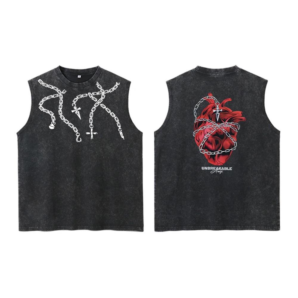 Anime Hunter X Hunter acide gilet rétro Vintage imprimé lavé graphique gilet hommes Harajuku Y2k cot
