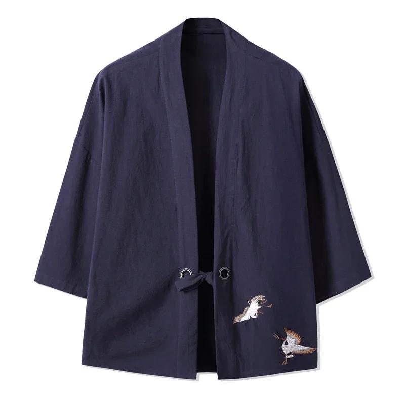 Hommes Kimono grue broderie Harajuku Style japonais Cardigan décontracté coton hommes samouraï Costu