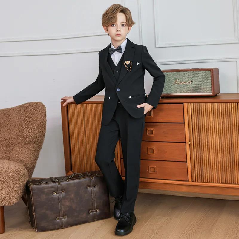 Ensemble de 5 pièces pour enfants (90-170 cm) : Veste, gilet, pantalon, nœud papillon et broche – Co