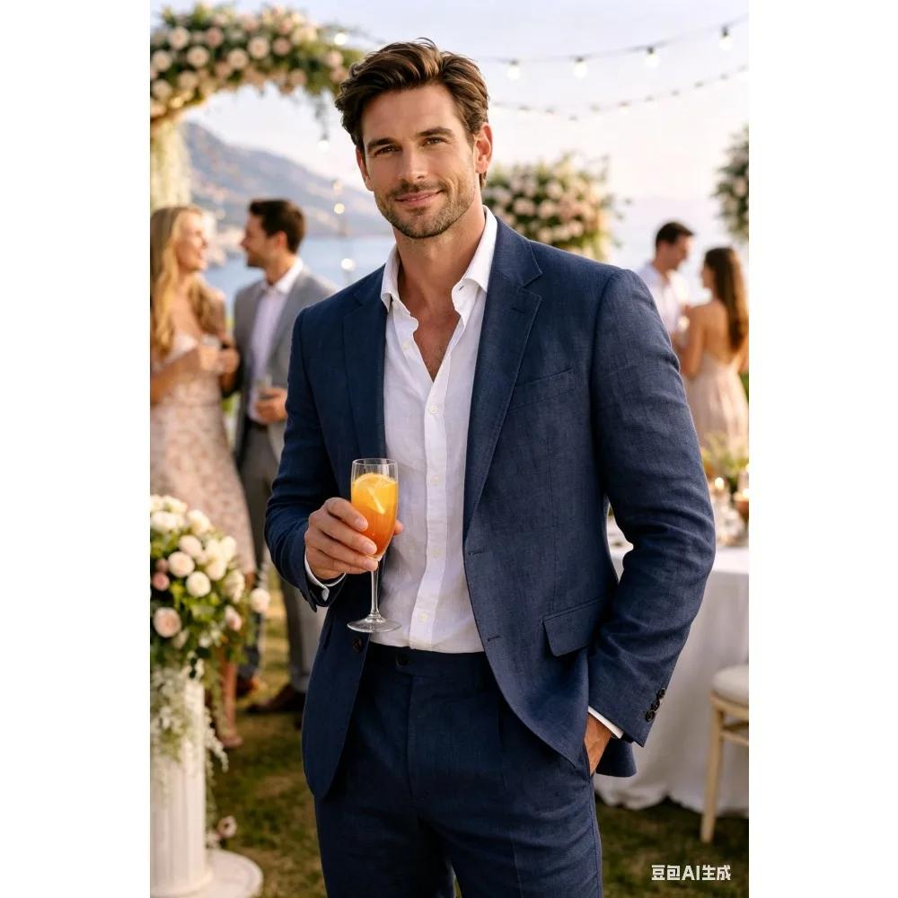 Costume Homme Lin Beige 2 Pièces Léger Été Blazer et Pantalon Coupe Slim pour Bal de Promo Mariage F