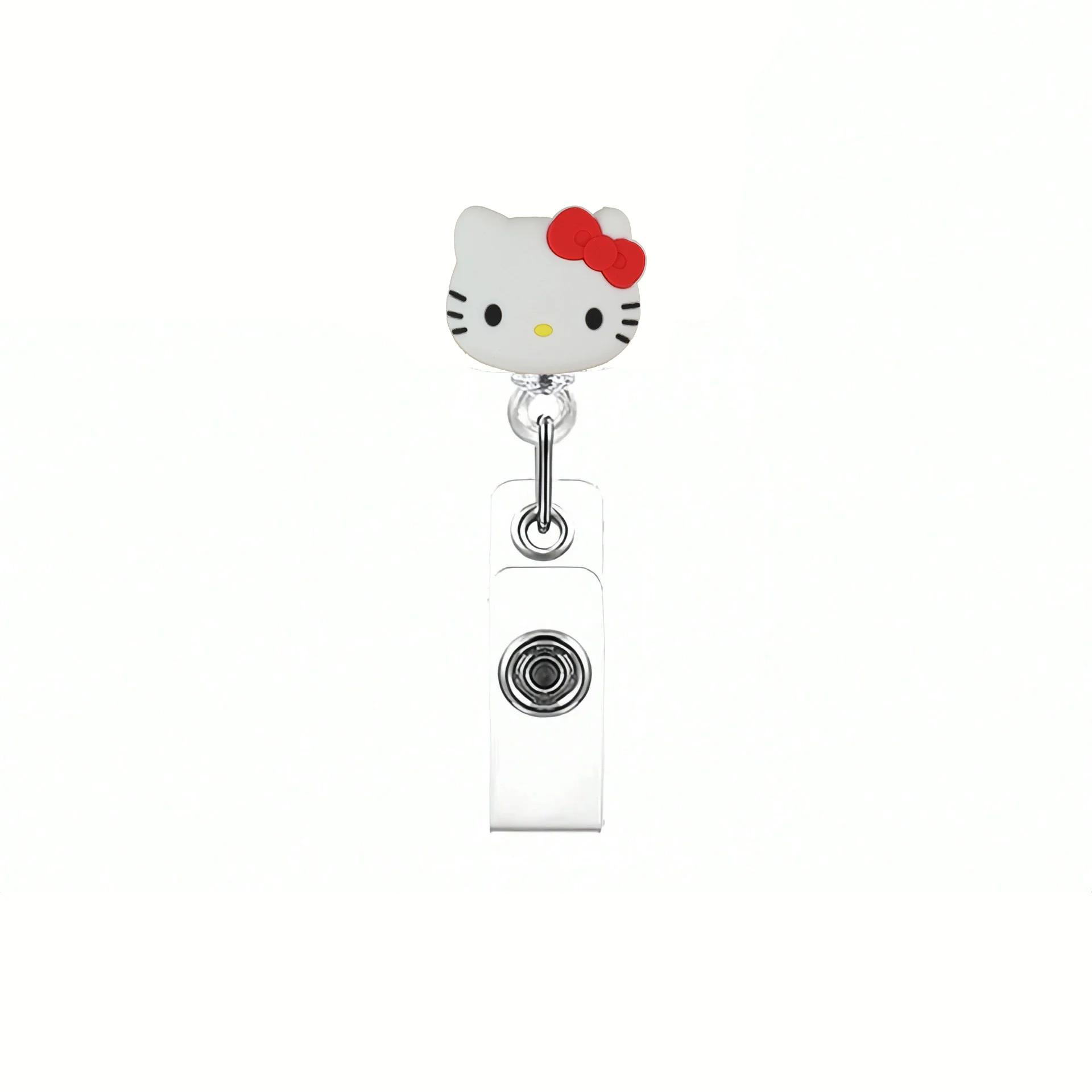 Porte-badge rétractable Sanrio Cat Kawaii en acrylique scintillant 360° ° Spinner avec porte-clés