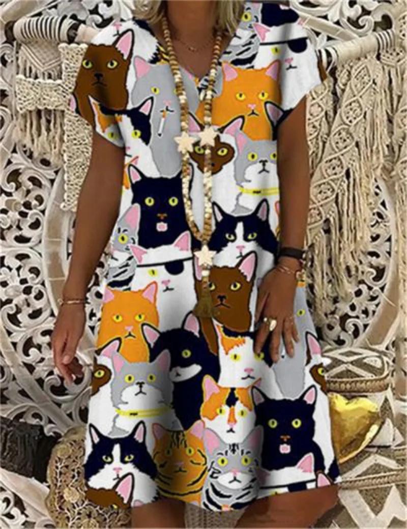 Robe d'été à imprimé chat 3D pour femmes, robe d'été créative pour dames, robe de plage d'été décont