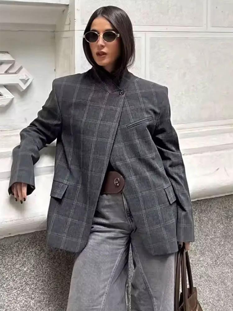 HH Blazer à carreaux pour femme, col montant, manches longues, veste décontractée chic pour le burea