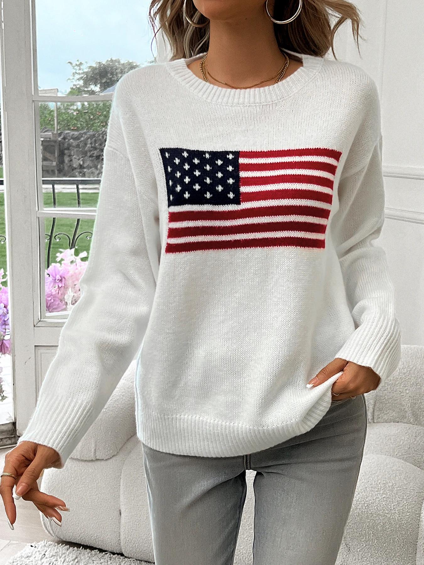 Pull à manches longues et col rond avec drapeau américain pour femme