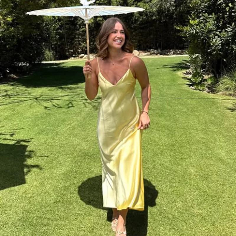 HXAO femmes jaune robe d'été 2025 femme Satin col en v robes de soirée élégante soirée sans manches